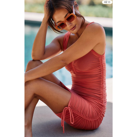 Anthropologie Sheer Mesh Cover Up Dress Womens 2XS Rose Knit Column Ruched Tie - Picture 14 of 16